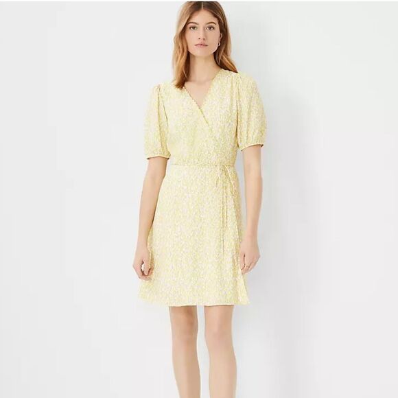 Ann Taylor NWT Yellow Floral Puff Sleeve Wrap Dress Medium Ruffle‎ Hem Tie Waist - Picture 1 of 12